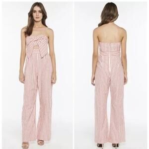 Bardot Strapless Jumpsuit Red White Striped Cutout Bow Size Small Linen Wide Leg